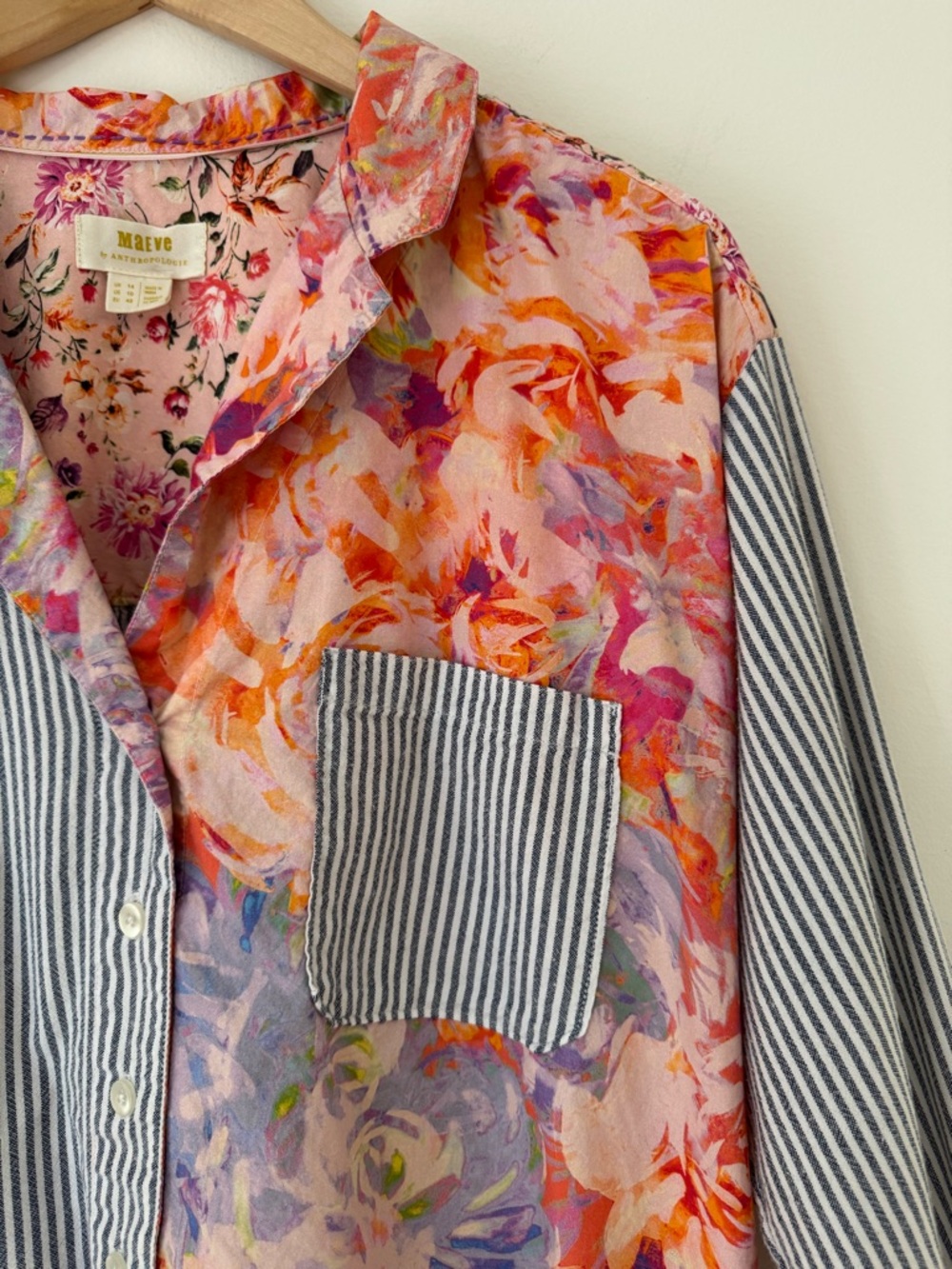 Maeve by Anthropologie The Clarissa High Low Button Down Stripe Floral Top Sz 14 - Picture 5 of 15